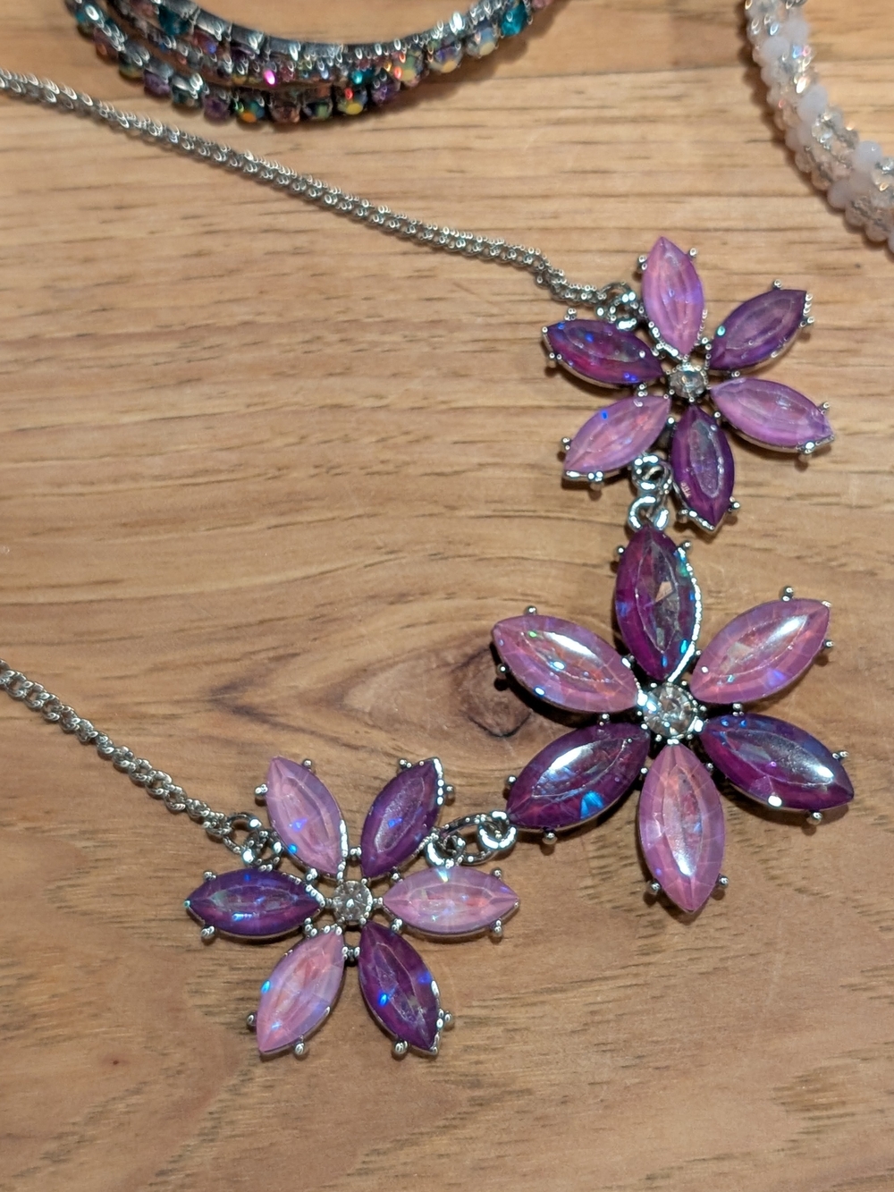 Pink And Purple Flower Crystal Statement Necklace And Matched Bracelets